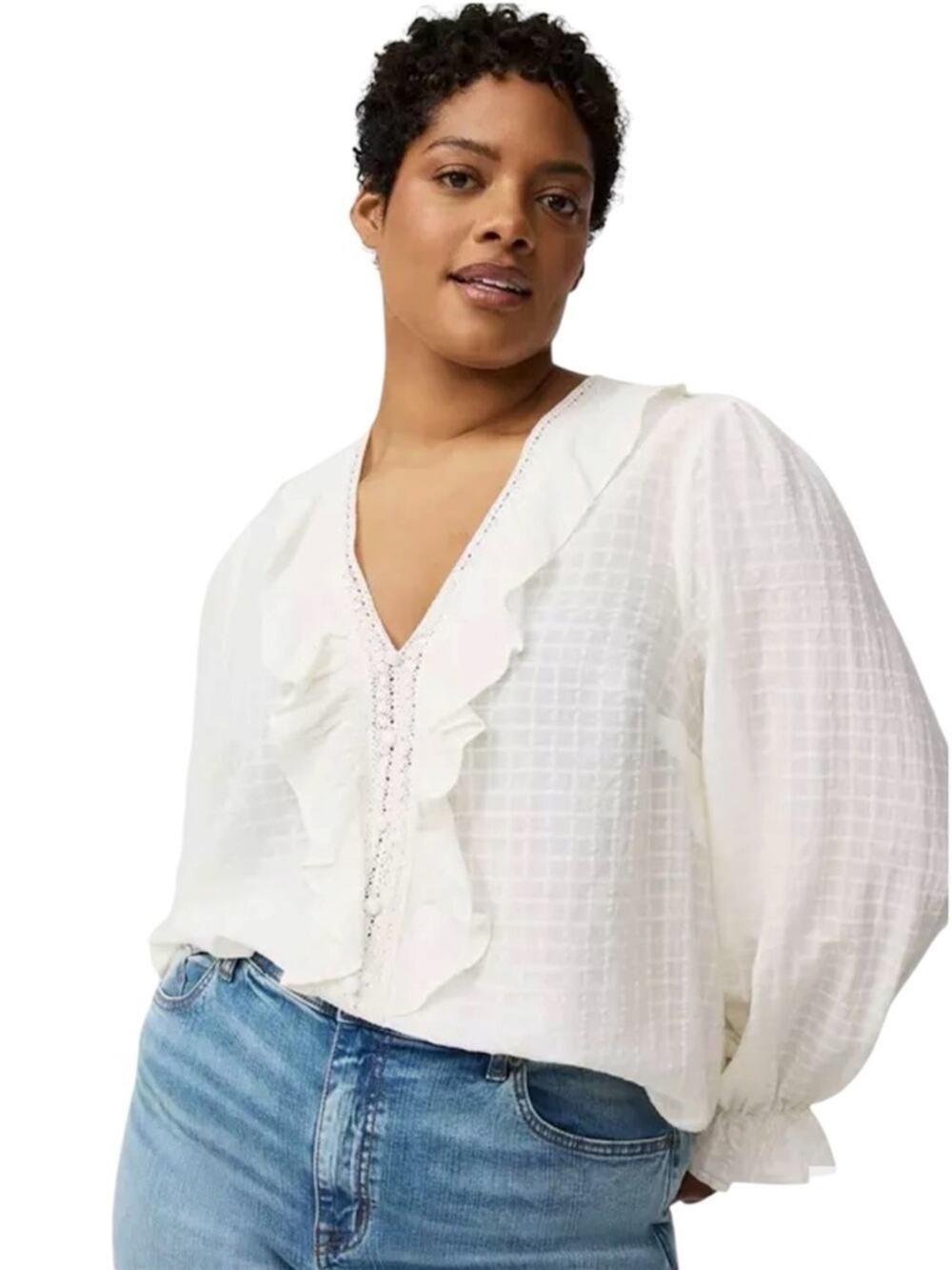 Torrid Whisper White (eggshell) V-Neck Ruffle Blouse, NEW with Tags!  14/16